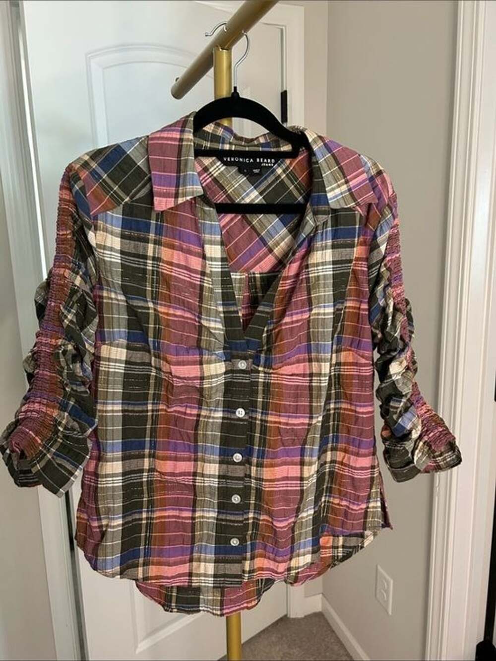 Veronica Beard Olive, Pink & Blue Plaid Button-Front Shirt